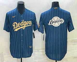 Men%27s Los Angeles Dodgers Big Logo Navy Blue Pinstripe Stitched Cool Base Nike MLB Jerseys